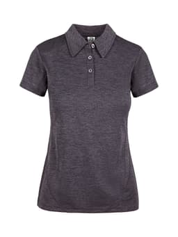 A dark grey women's polo shirt made of 100% polyester with a three-button placket and a collar. It features a logo.