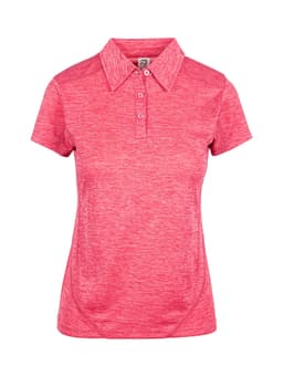 A women's polo shirt in vibrant pink, made from 100% polyester, featuring a collar and button-up front.