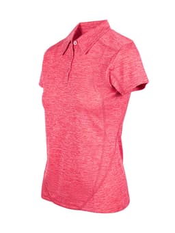 A pink women's polo shirt made of 100% polyester, featuring a collar and a branded logo.