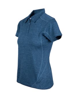 A women's polo shirt in a blue heather colour, made of 100% polyester, featuring a collar and a logo.