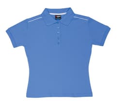 A women's cotton polo shirt in blue with piping details, featuring a collar and button placket. Includes a logo.
