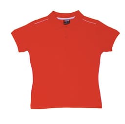 A red women's cotton pique knit polo shirt featuring piped detailing and a logo on the collar.