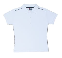 A women's light blue cotton pique knit polo shirt with piping details and a logo.