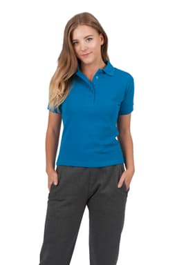 A woman wearing a blue cotton polo shirt with a collar, featuring buttons and a fitted design.