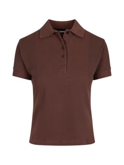 A brown women's cotton polo shirt with a collar, short sleeves, and a buttoned placket, featuring a logo.