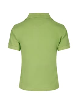 A light green women's cotton polo shirt features a classic design and a logo on the back.