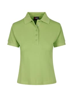 A light green women's cotton polo shirt featuring a button placket and a logo on the label.