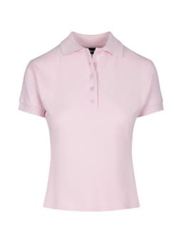 A women's short-sleeved polo shirt in soft pink, featuring a collar and a placket with buttons. It has a logo.