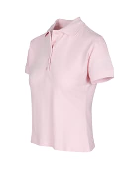 A women's polo shirt in a soft pink hue, featuring a classic collar and buttons, with a logo on the chest.