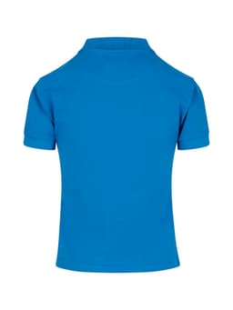 A blue women's cotton polo shirt with a collared neckline and short sleeves, featuring a logo on the back.