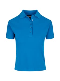 A blue women's cotton polo shirt with a classic collar and five buttons, featuring a logo on the tag.