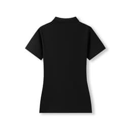 A black women's 100% cotton pique knit polo shirt featuring a classic polo collar and short sleeves, with a logo on the side.