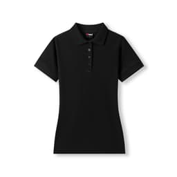 A women's black 100% cotton pique knit polo shirt with a classic collar and button placket.