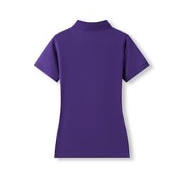 A purple women's 100% cotton pique knit polo shirt, featuring a collar and short sleeves, with a logo on the back.