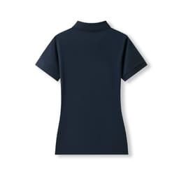 A navy women's 100% cotton pique knit polo shirt with short sleeves and a collar. Features a logo on the front.