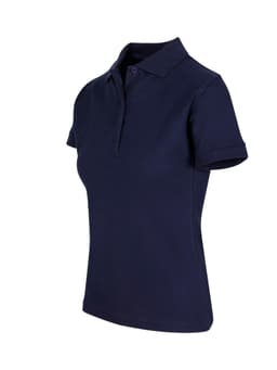 A navy women's 100% cotton pique knit polo shirt with a collared neck and short sleeves, featuring a logo.