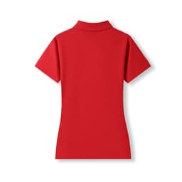 A red women's 100% cotton pique knit polo shirt with a collar and short sleeves, featuring a logo.