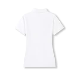 A white women's 100% cotton pique knit polo shirt with a short-sleeved design and a collar. Features a logo.