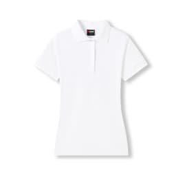 A white women's 100% cotton pique knit polo shirt featuring a classic collar and button placket.