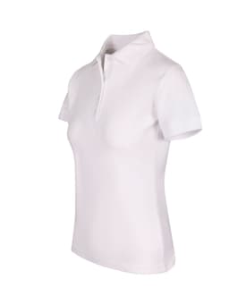 A white women's 100% cotton pique knit polo shirt with a classic collar and short sleeves, featuring a logo.