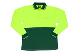 A high visibility long sleeve polo in fluorescent yellow and dark green, featuring a pocket and a logo.