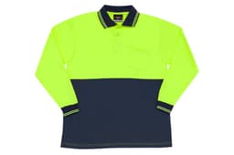 A high visibility long sleeve polo in bright yellow and navy, featuring a collar and a pocket, with branding.