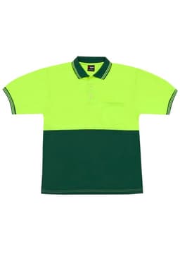 A high-visibility polo shirt featuring a bright yellow top and dark green bottom, with a pocket and a logo.