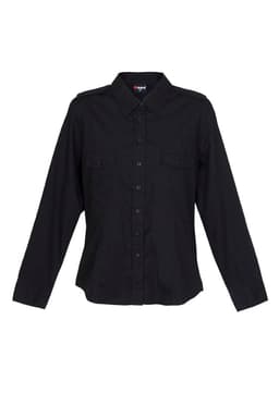A black women's military long sleeve button-up shirt featuring two chest pockets and shoulder epaulettes.
