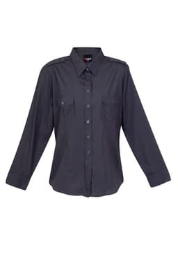 A women's military long sleeve shirt in black, featuring button-up front and two chest pockets. It has shoulder epaulets and a logo.