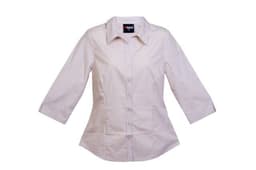 A women's 3/4 sleeve button-up shirt in pale pink, featuring a collar and logo on the tag.