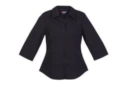 A black women's 3/4 sleeve button-up shirt featuring a classic collar and a logo on the inner label.