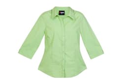 A light green women's 3/4 sleeve button-up shirt with a collar and branding.