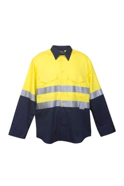 A long sleeve shirt in bright yellow and navy, featuring reflective stripes and two front pockets.