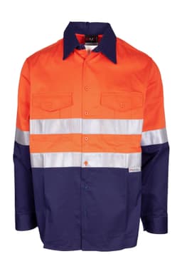 An orange and navy long sleeve work shirt with reflective stripes and a logo on the chest.
