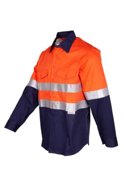 An orange and navy blue long sleeve work shirt with reflective stripes and a logo.