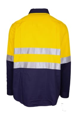 A long sleeve work shirt in yellow and navy, featuring reflective stripes and a logo on the chest area.
