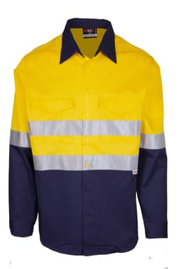 A bright yellow and navy long sleeve work shirt with reflective strips and a logo. Suitable for workwear purposes.
