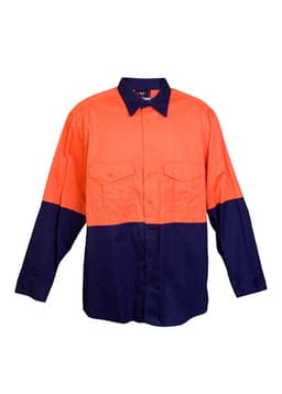 A long sleeve shirt featuring a fluorescent orange upper and navy blue lower, with two chest pockets and a logo.