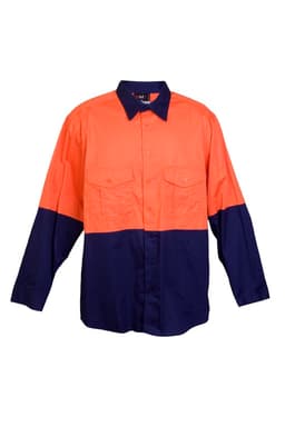 A long sleeve shirt in orange and navy, featuring two front pockets and a logo on the label.