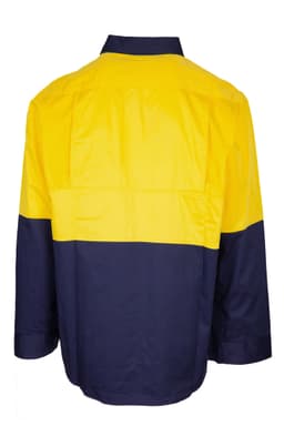 A long sleeve work shirt in yellow and navy blue, featuring a two-tone design and a collar. It has a logo on the side.