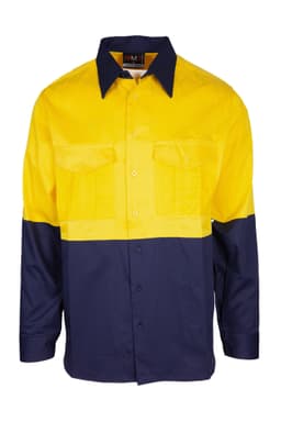 A long sleeve shirt featuring a yellow top half and a navy blue bottom half, with two chest pockets and a logo.