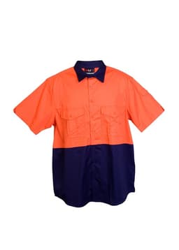 A short sleeve work shirt in high visibility orange and navy blue, featuring two chest pockets and a logo.