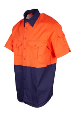 A short-sleeve work shirt featuring an orange top half and a navy blue bottom half, with a logo and front pockets.