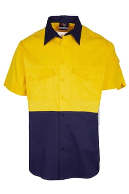 A short sleeve work shirt in yellow and navy, featuring front pockets and a collar. It has a logo on the label.