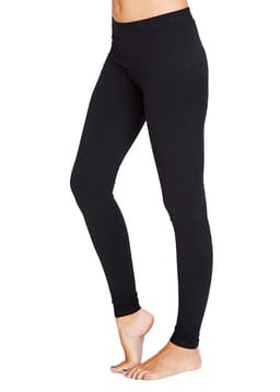 Black women's cotton spandex full-length leggings displayed on a model. The leggings feature a smooth finish and a waistband.