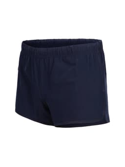 Womens' FLEX shorts in navy, featuring a four-way stretch design and an elastic waistband. Includes a logo.