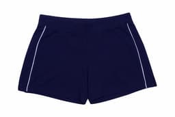 Navy sports shorts with white piping details and an elastic waistband. Features a logo on one side.