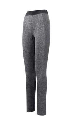 A pair of seamless leggings in grey with a black waistband. The leggings have a form-fitting design.
