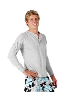 A light grey long-sleeve men's t-shirt with a buttoned neckline, paired with patterned shorts.