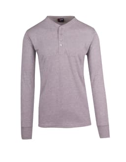 A grey long-sleeve Henley T-shirt featuring a buttoned placket and a logo.